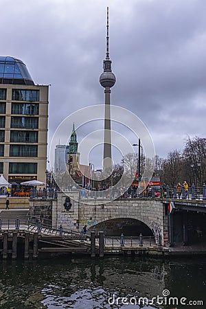 February 05, 2020: View of the Television Tower Fernsehturm in Berlin from Alexander Platz. The famous TV towe Editorial Stock Photo